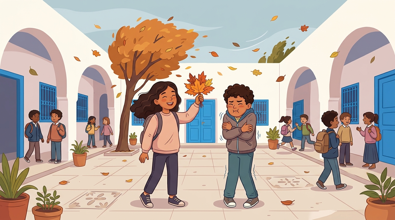 Dans la cour d'une école tunisienne aux portes bleues, un jour de vent d'automne, Nora montre un bouquet de feuilles orange tandis que Leo frissonne, les bras croisés